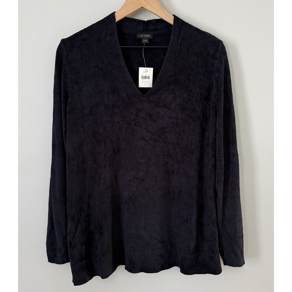 J. Jill Wearever Tunic V-neck Sweater Size L Plush Terry‎ Knit Navy Blue NWT